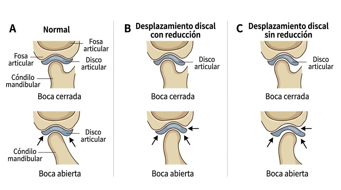 Imagen que compara cómo cambian la posición del disco articular y del cóndilo mandibular al cerrar y al abrir la boca en el estado normal, en el desplazamiento discal con reducción y en el desplazamiento discal sin reducción