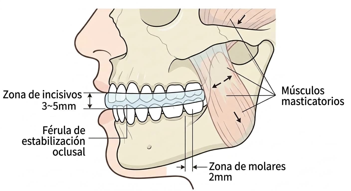 Esquema conceptual que muestra, con la férula de estabilización oclusal colocada, el grado de separación en la zona de los incisivos y de los molares junto con los músculos masticatorios