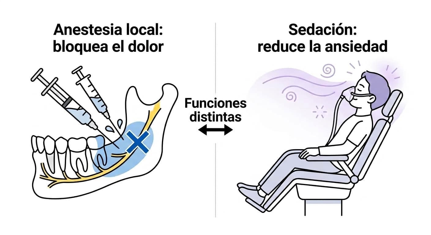 La anestesia local anestesia la zona alrededor del nervio de la mandíbula inferior para bloquear el dolor, mientras que la sedación reduce la ansiedad mediante la inhalación de gas por mascarilla, en una ilustración comparativa de dos paneles