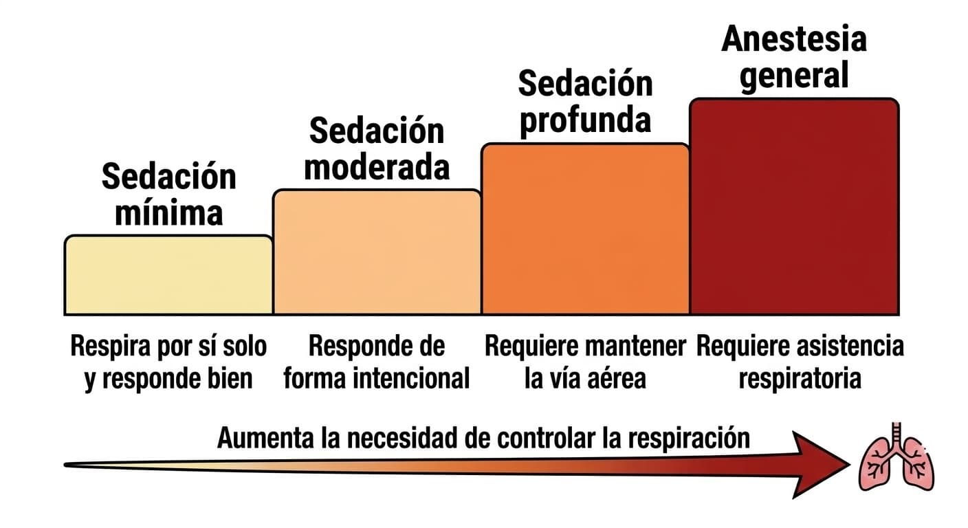 Diagrama escalonado que muestra cómo, a medida que la sedación avanza de mínima a moderada, profunda y anestesia general, el color se intensifica y aumenta la necesidad de controlar la respiración