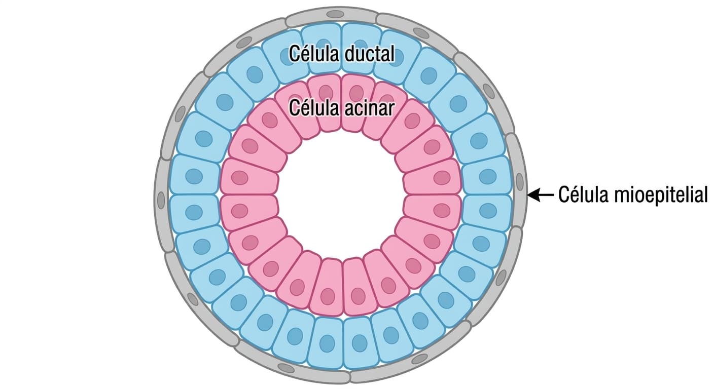 Corte transversal de un organoide de glándula salival. Muestra una estructura en capas formada por las células acinares productoras de saliva en el centro, las células ductales alrededor y las células mioepiteliales en la capa más externa