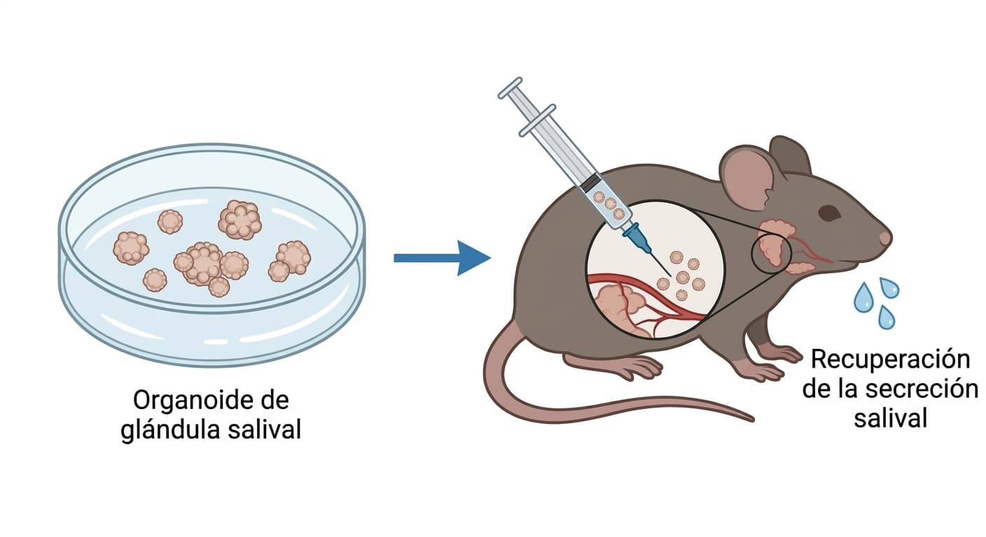 Ilustración que muestra el proceso de cultivar organoides de glándula salival en una placa de cultivo y luego trasplantarlos en la zona de la glándula salival de un ratón para restaurar la secreción de saliva
