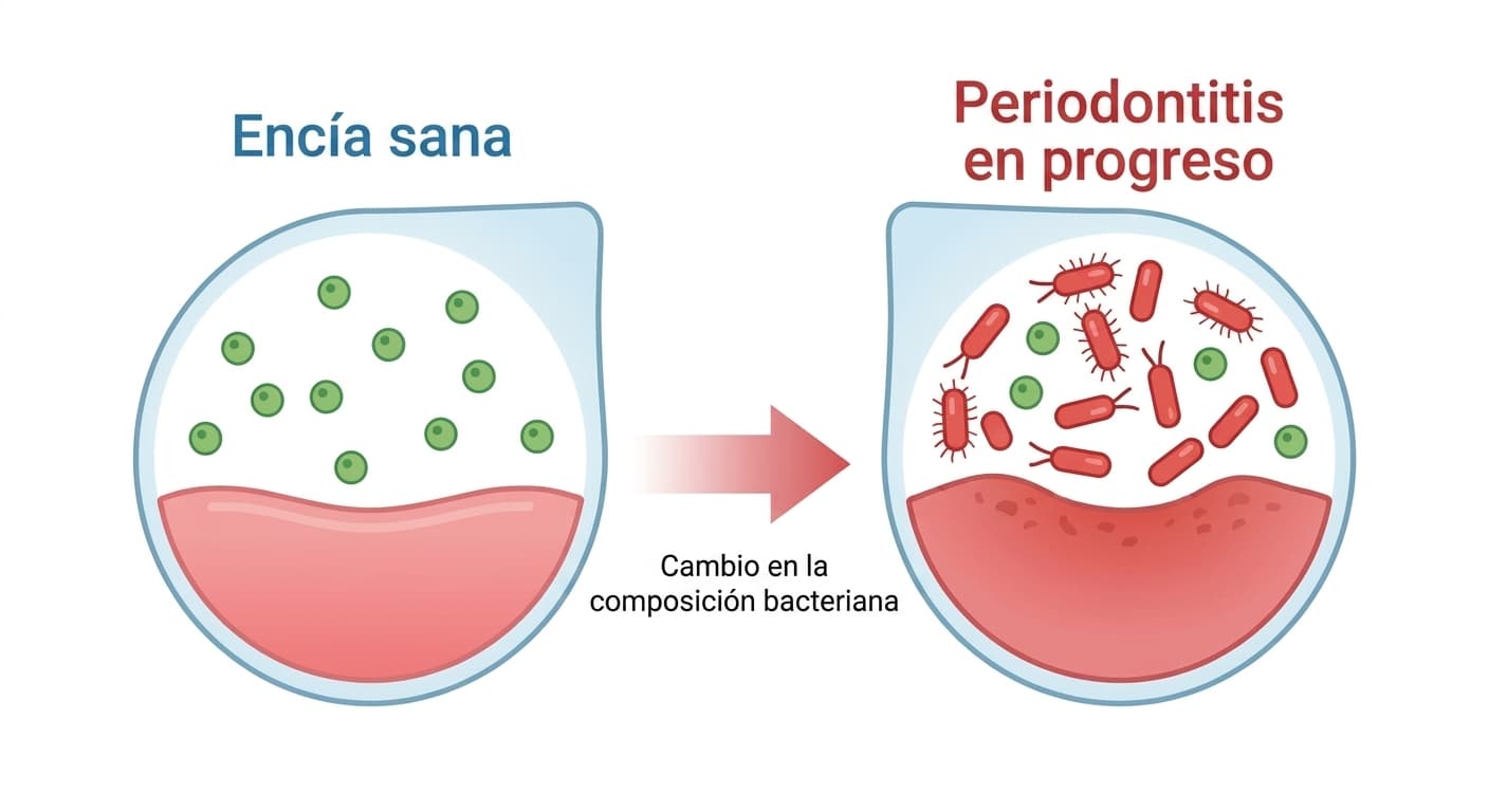 Imagen que compara el cambio en la composición bacteriana entre una encía sana y una con periodontitis en progreso. En el lado sano las bacterias verdes están distribuidas de manera uniforme, mientras que en el lado con periodontitis las bacterias rojas aumentan considerablemente.
