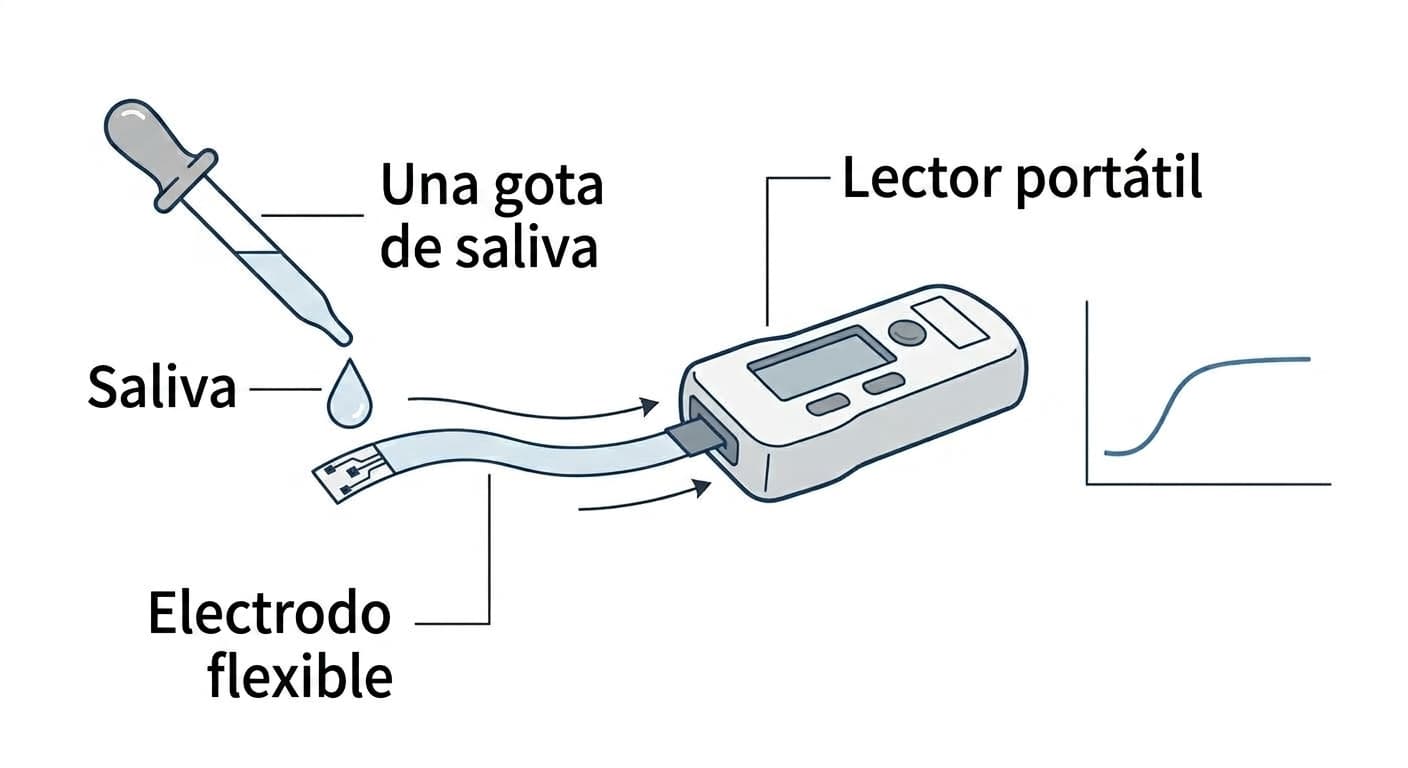 Ilustración del proceso de depositar una gota de saliva sobre un electrodo flexible y leerla con un lector portátil