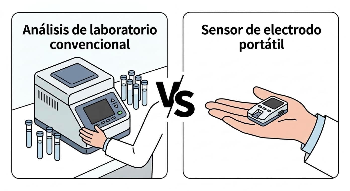 Ilustración que compara lado a lado el equipo de laboratorio convencional de amplificación genética y el sensor de electrodo portátil que cabe en la palma de la mano