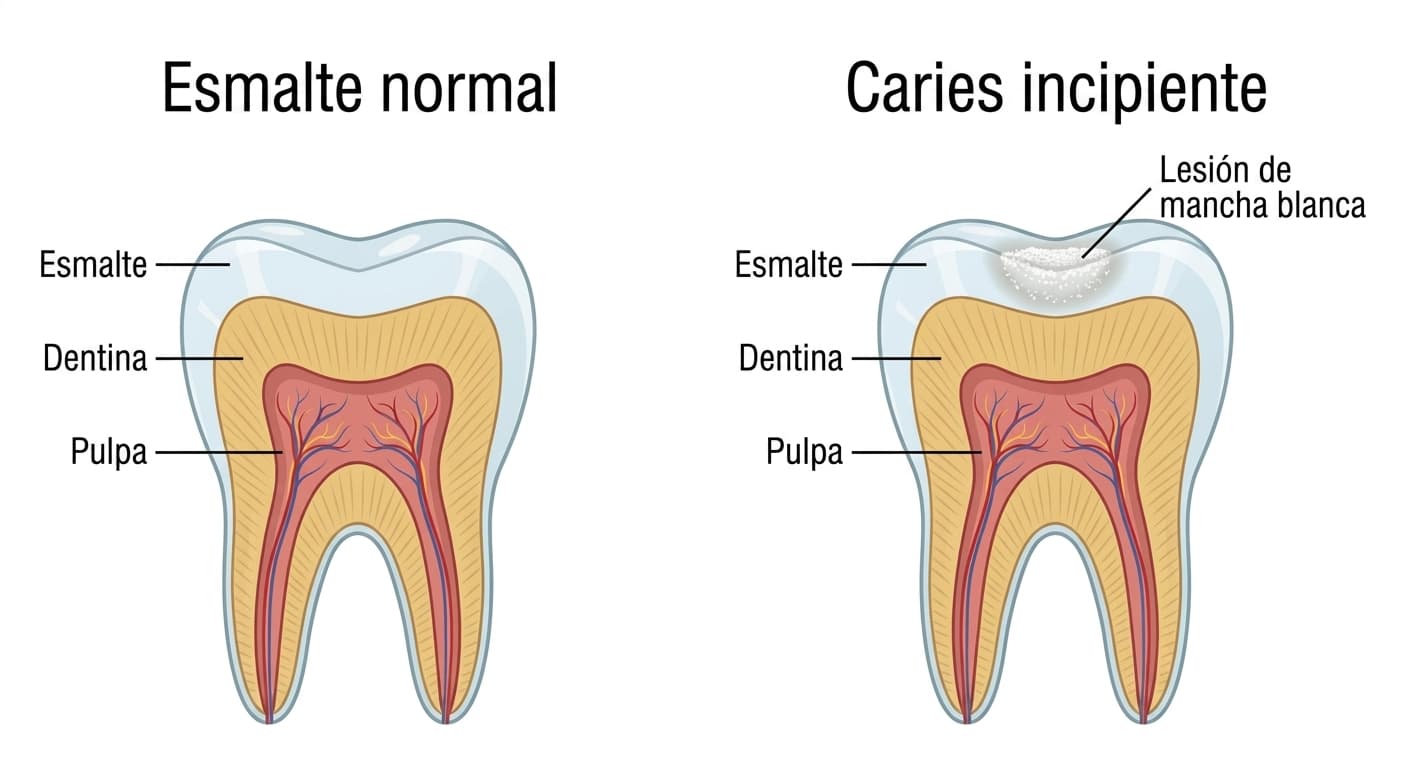 Comparación de un corte transversal de un diente con esmalte normal y con caries incipiente (lesión de mancha blanca). En la caries incipiente hay una zona blanca justo debajo de la superficie del esmalte donde se ha perdido mineral