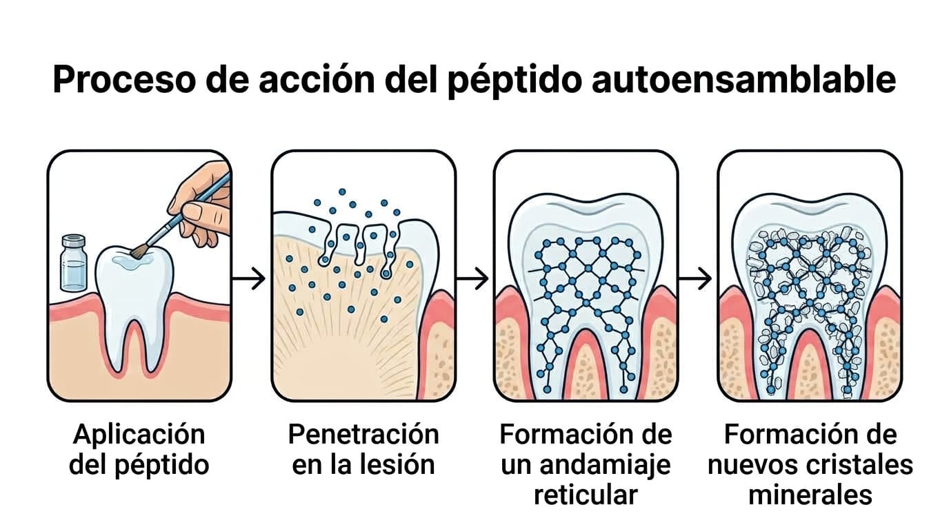 Proceso en cuatro etapas de la acción del péptido autoensamblable sobre la lesión dental. Muestra el orden: aplicación, penetración en la lesión, formación de un andamiaje reticular y formación de nuevos cristales minerales