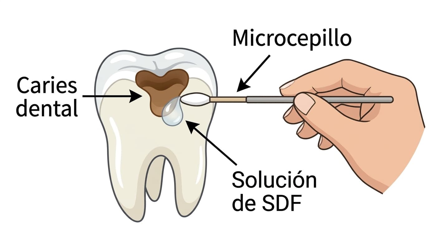 Aplicación de la solución de fluoruro diamino de plata (SDF) con un microcepillo en una cavidad de caries