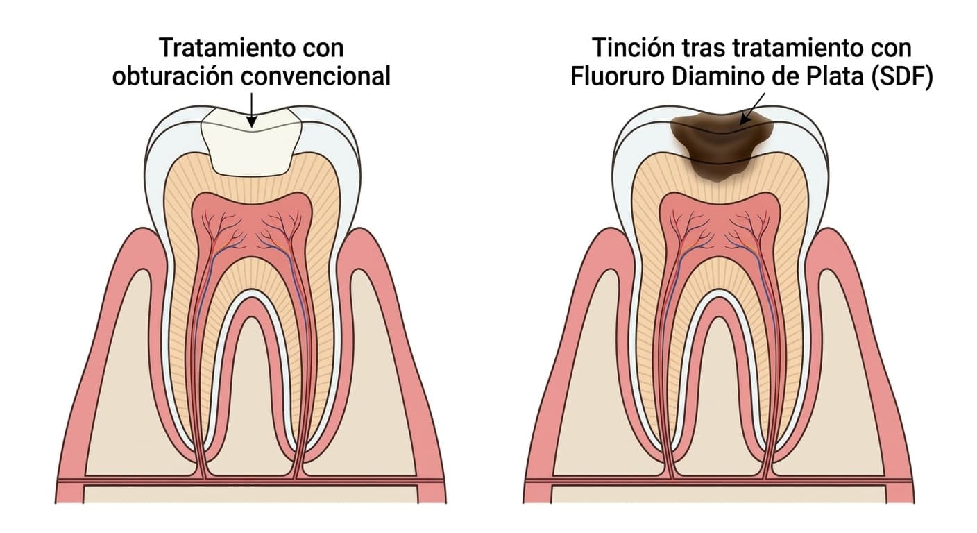 Corte transversal comparando un diente tratado con una obturación convencional y otro con la zona de caries teñida de oscuro tras el tratamiento con fluoruro diamino de plata (SDF)