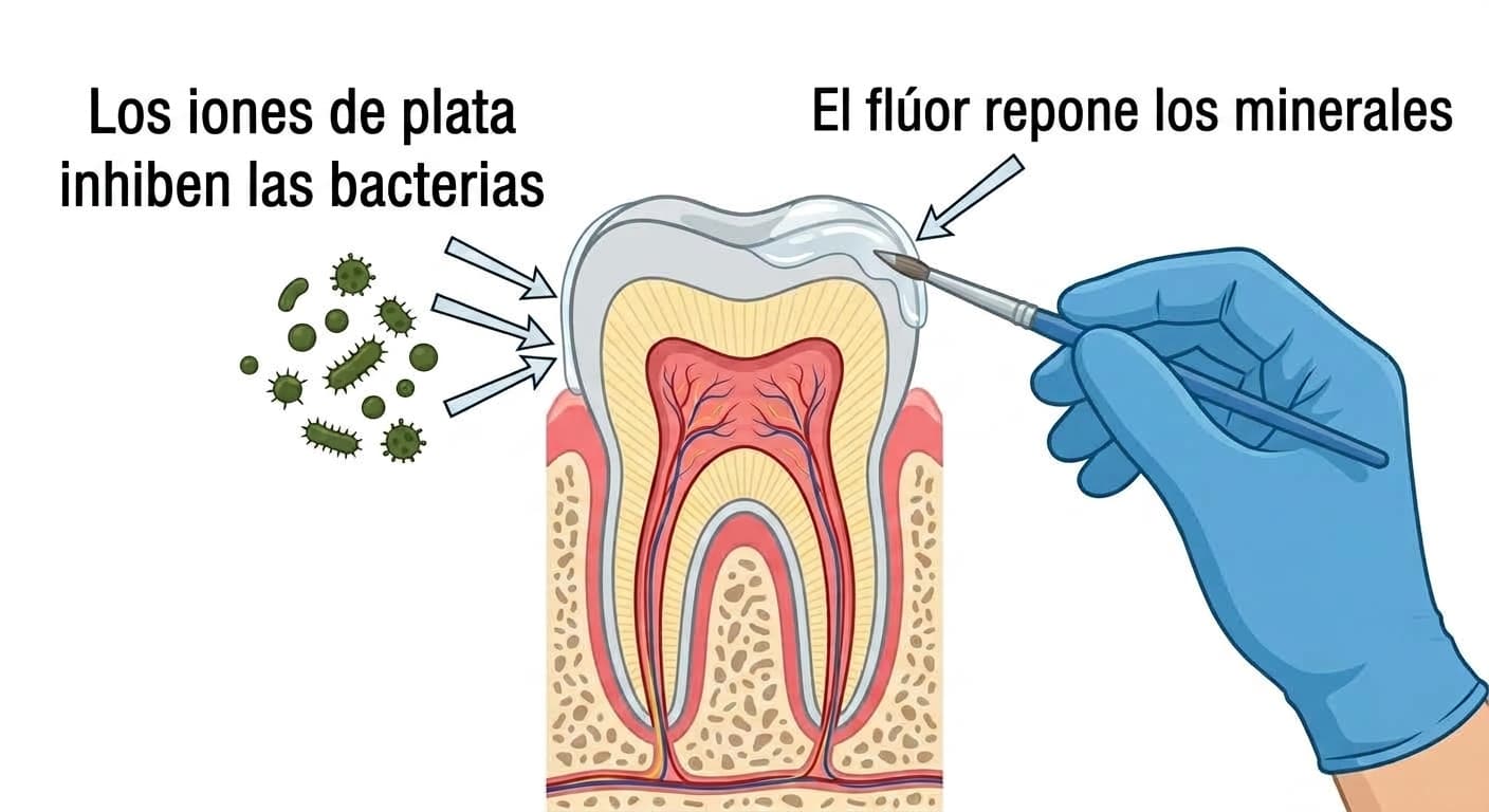 Ilustración de una mano aplicando la solución sobre la superficie del diente, con flechas que muestran cómo los iones de plata inhiben las bacterias y cómo el flúor repone los minerales perdidos.