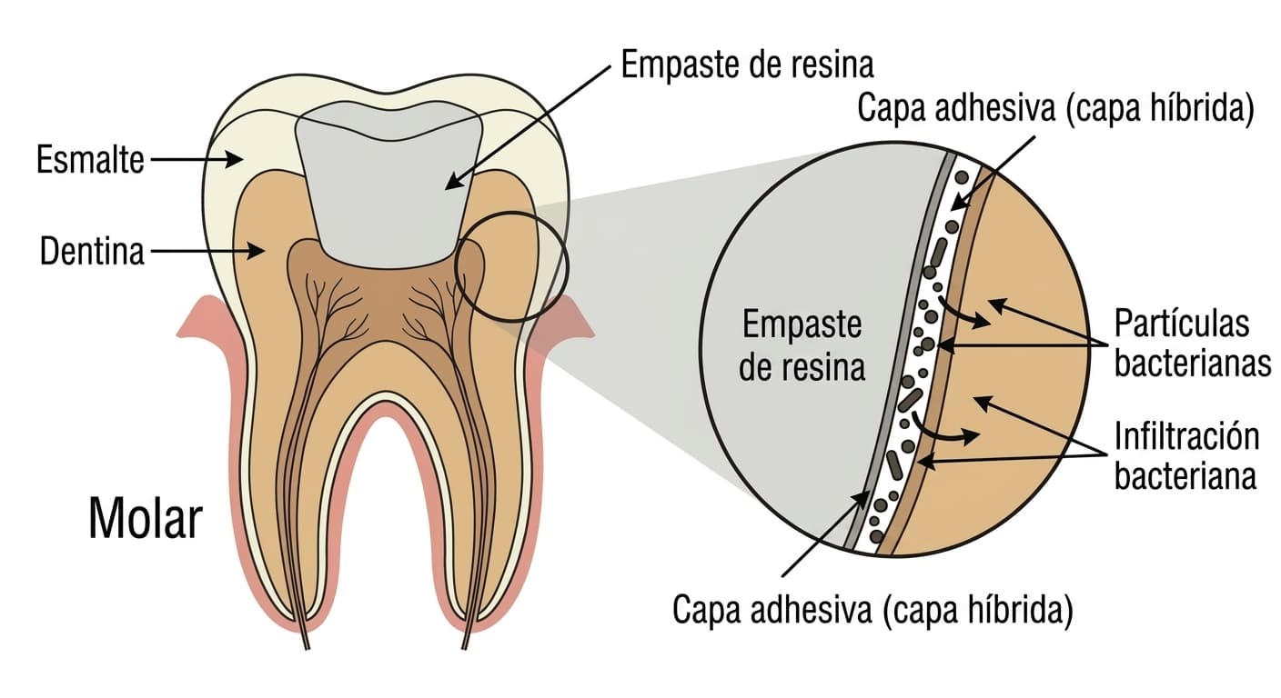 Ilustración conceptual que muestra cómo las bacterias se infiltran por una grieta en la capa adhesiva (capa híbrida) entre el empaste de resina y el diente