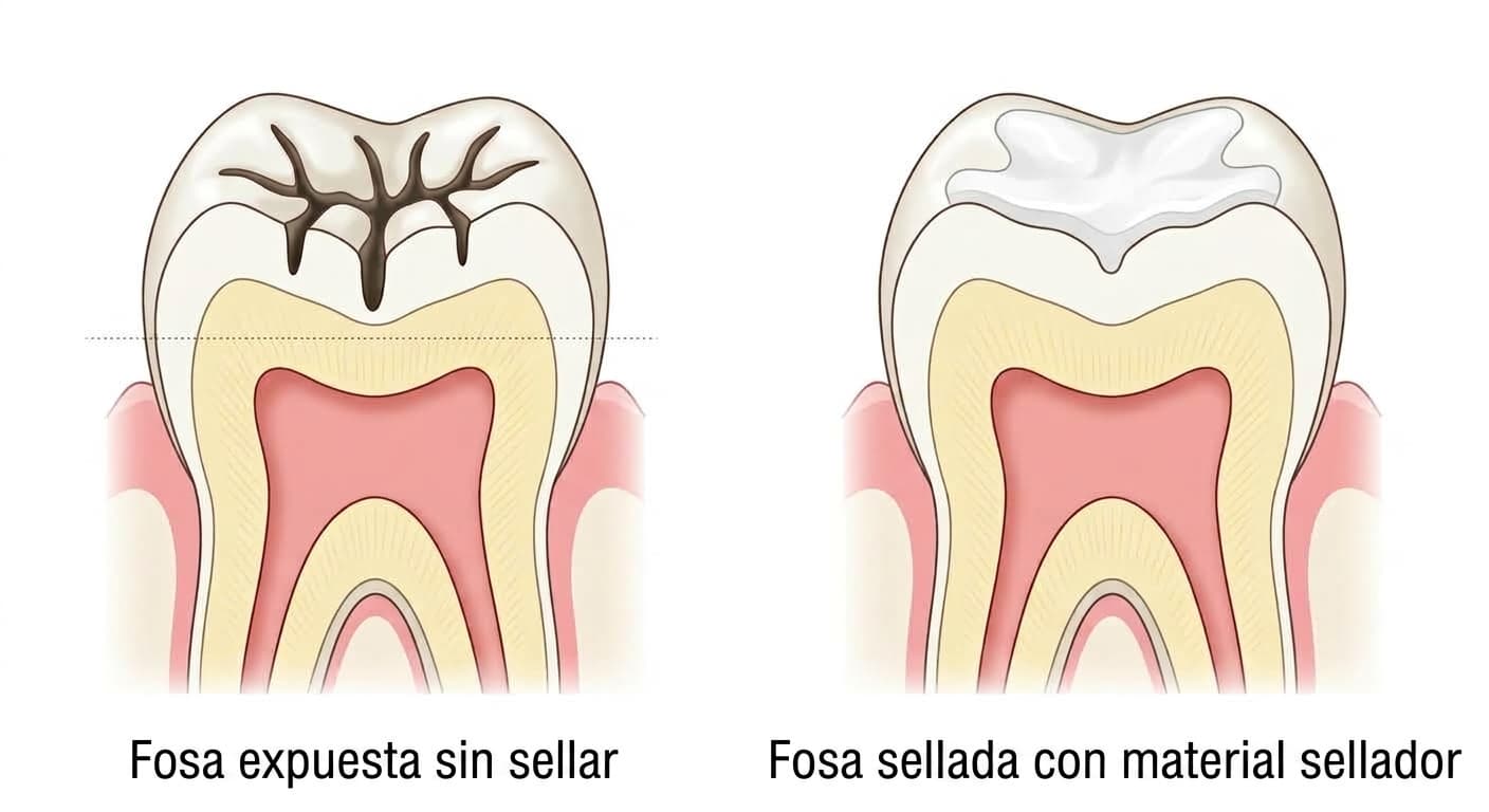 Corte transversal que compara la fosa expuesta sin sellar y la fosa sellada con material sellador en la superficie masticatoria de un molar infantil