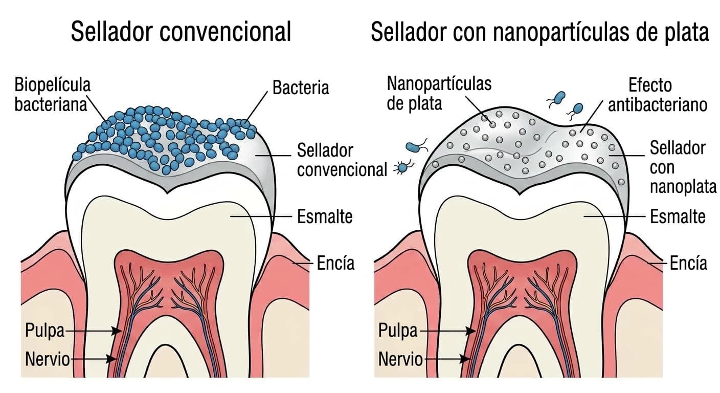 Diagrama conceptual que compara la biopelícula bacteriana formada sobre la superficie de un sellador convencional con la reducción de bacterias en la superficie de un sellador con nanopartículas de plata