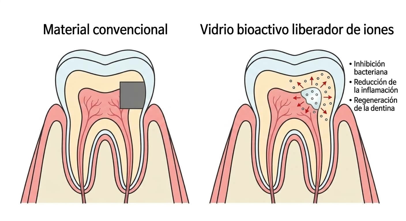 Corte transversal de un diente que compara el material convencional, que simplemente tapa el orificio sobre la pulpa expuesta, con el vidrio bioactivo liberador de iones, que además difunde señales de inhibición bacteriana, reducción de la inflamación y regeneración de la dentina