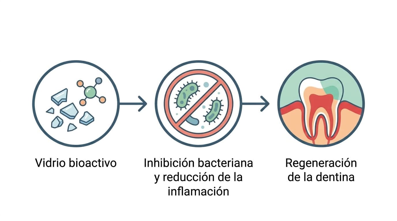 Diagrama de flujo que muestra las tres etapas desde la liberación de iones del vidrio bioactivo, pasando por la inhibición bacteriana y la reducción de la inflamación, hasta la regeneración de la dentina