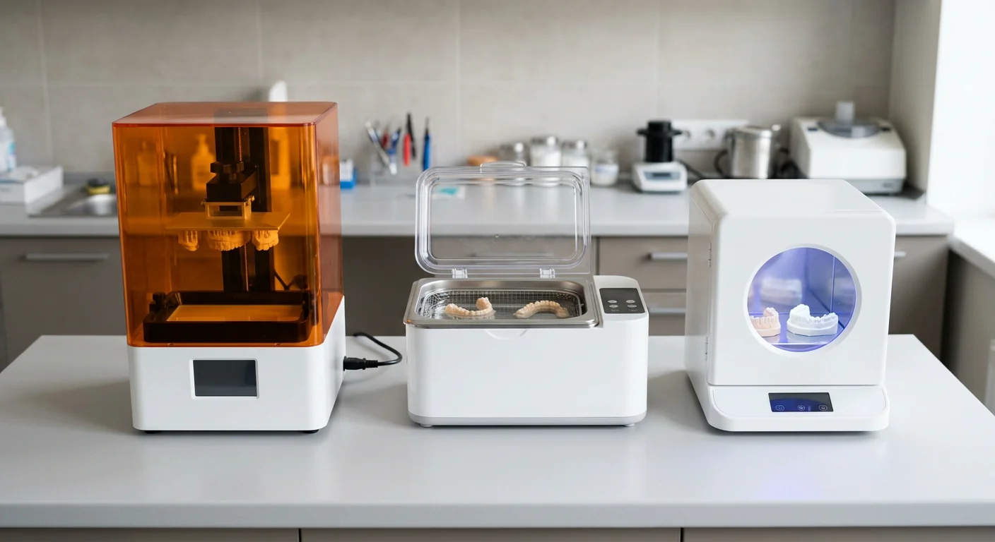 Una impresora 3D compacta, una lavadora y una unidad de curado colocadas una junto a la otra sobre la encimera de un consultorio dental