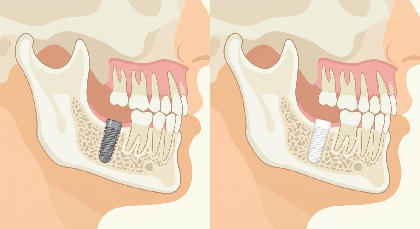 Dibujo que muestra, uno junto a otro, un implante de material metálico oscuro a la izquierda y uno de cerámica blanca a la derecha, ambos colocados en el hueso mandibular