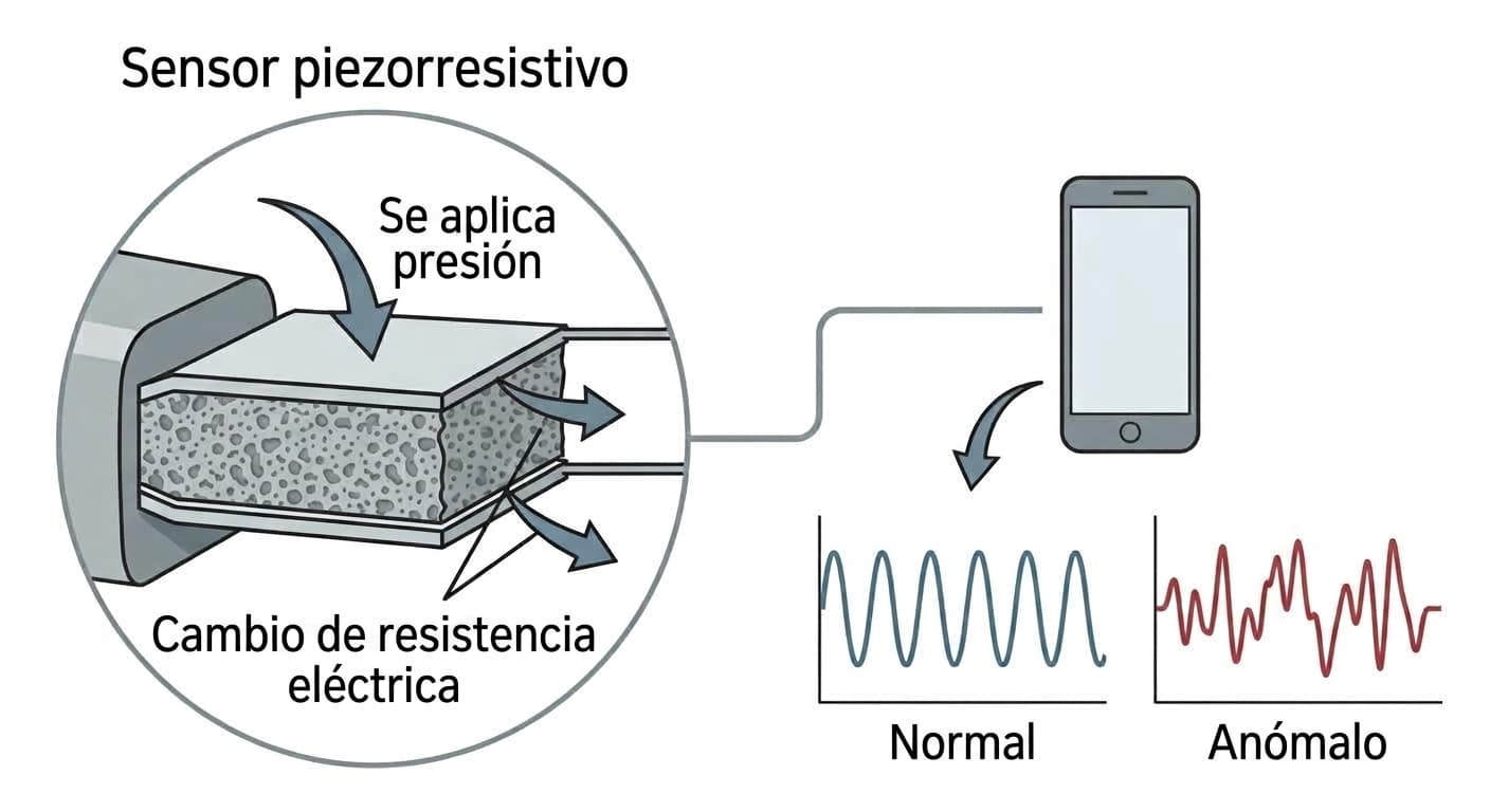 Proceso en el que el material del sensor piezorresistivo se comprime, cambia su resistencia eléctrica y la señal se divide en formas de onda distintas para los movimientos normales y anómalos