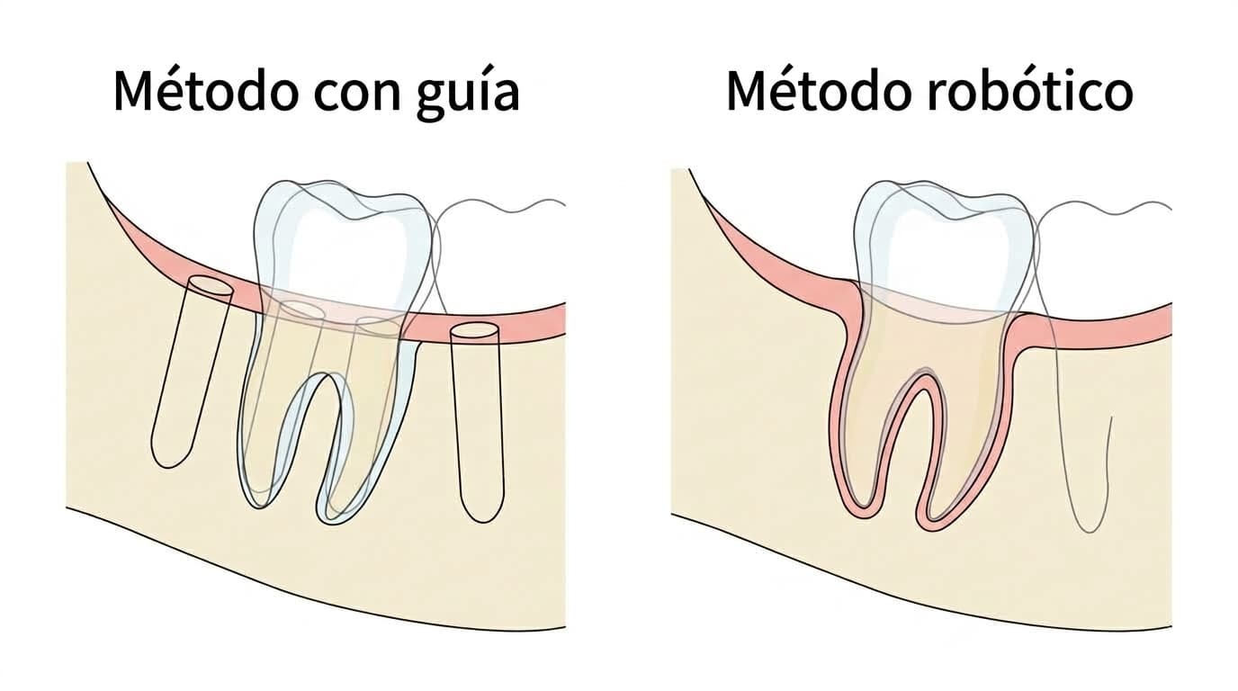 Comparación entre el alvéolo del método robótico, que sigue con suavidad el contorno de la raíz, y el alvéolo del método con guía, con orificios cilíndricos que dejan un espacio amplio entre las raíces
