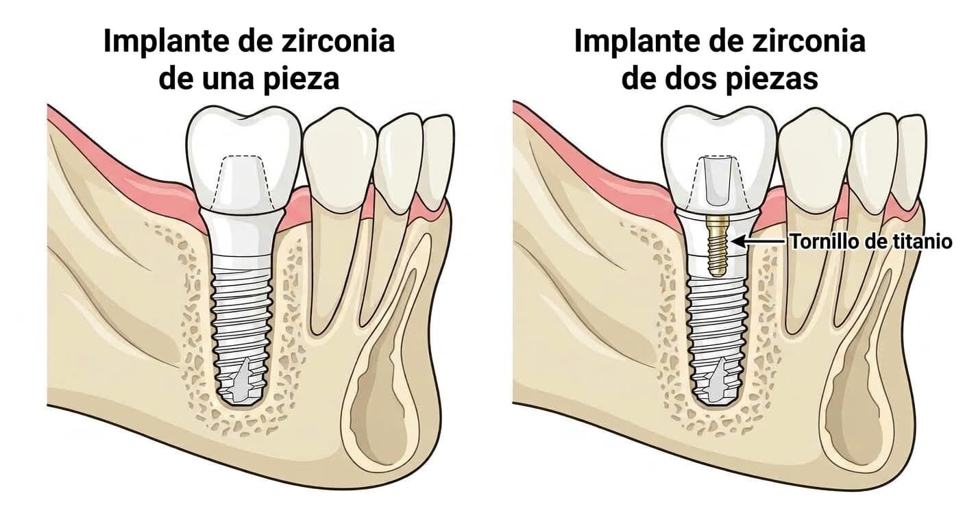 Comparación de la estructura entre el implante de zirconia de una pieza y el de dos piezas. El de dos piezas fija la corona mediante un tornillo de titanio insertado dentro del cuerpo cerámico.