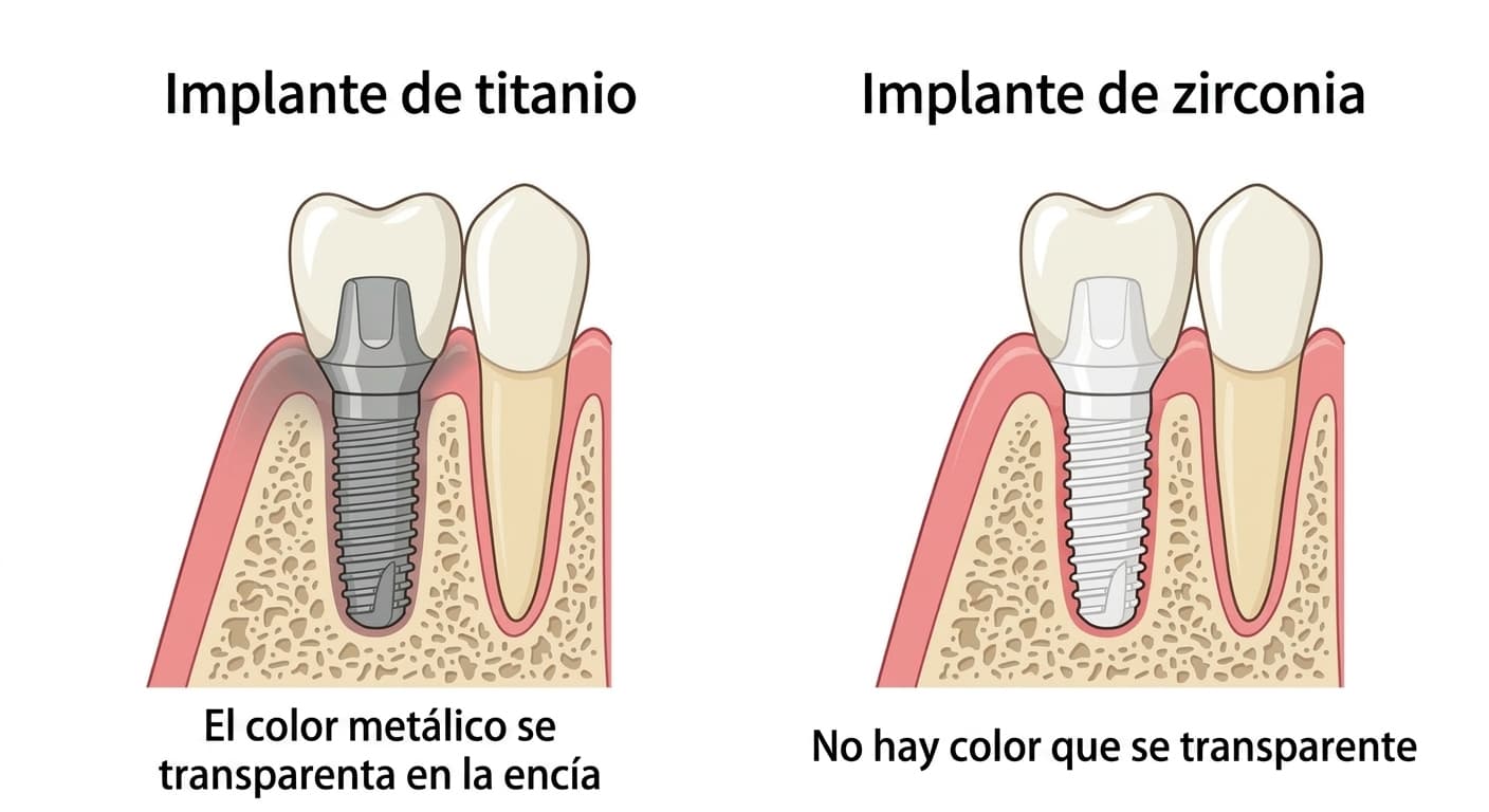 Comparación del grado en que se transparenta el color metálico al colocar un implante de titanio y uno de zirconia bajo una encía fina. En el titanio se transparenta el color metálico, mientras que en la zirconia no se transparenta ningún color.