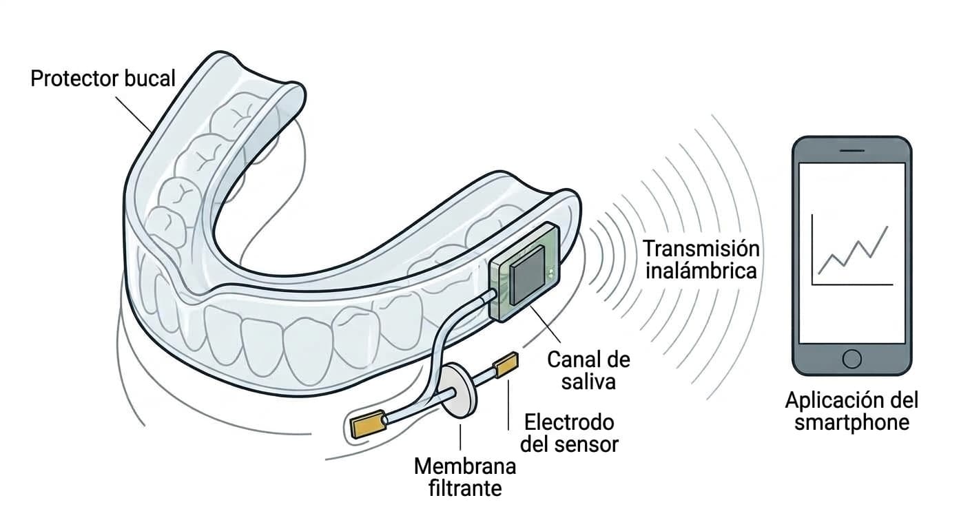 Estructura en la que el electrodo del sensor y la membrana filtrante integrados en el protector bucal transmiten los valores de forma inalámbrica al smartphone a través de la saliva