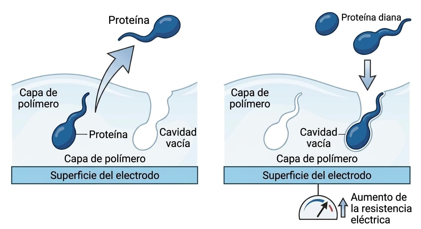 Proceso en el que la proteína diana sale de la capa de polímero sobre el electrodo dejando una cavidad vacía, y cuando la misma proteína vuelve a entrar y queda atrapada, la resistencia eléctrica aumenta