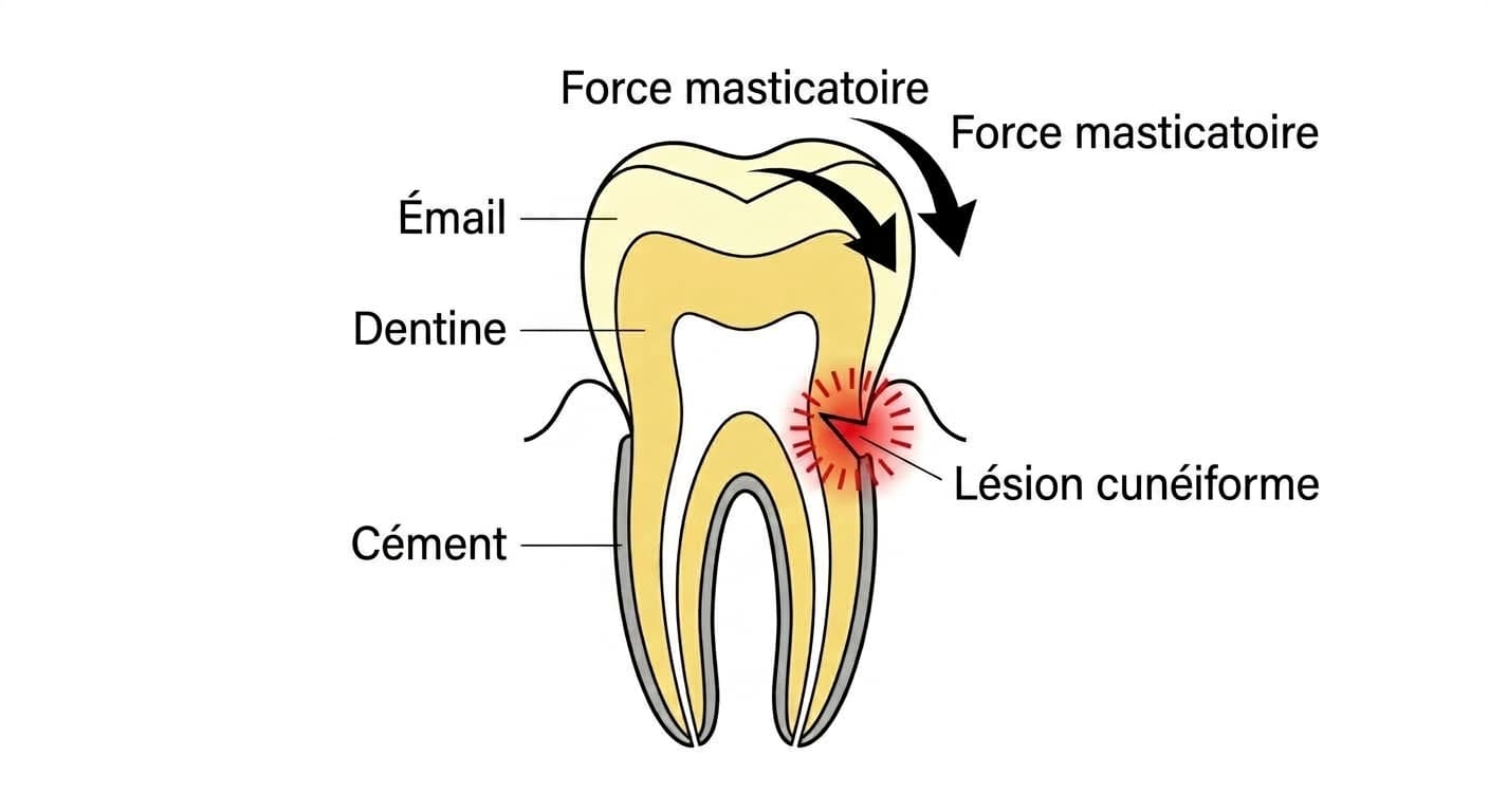 Coupe d'une dent illustrant le processus par lequel une lésion cunéiforme apparaît au niveau cervical sous l'effet de la flexion causée par la force masticatoire