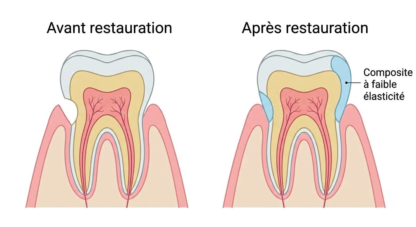 Coupe dentaire comparant une lésion cunéiforme cervicale avant et après sa restauration par un composite à faible élasticité