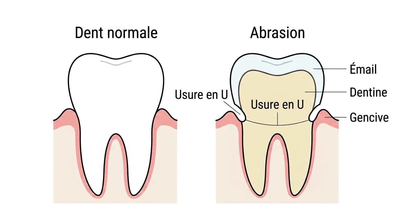 Comparaison en coupe d'une dent normale et d'une dent atteinte d'abrasion. La dent atteinte présente une encoche peu profonde en forme de U au niveau du collet