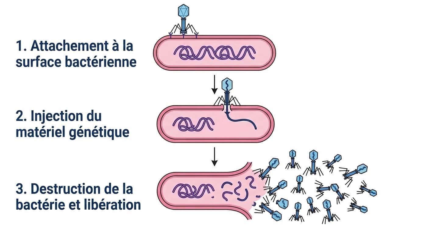 Schéma en trois étapes montrant un bactériophage se fixer à la surface d'une bactérie, injecter son matériel génétique, puis faire éclater la bactérie pour se propager