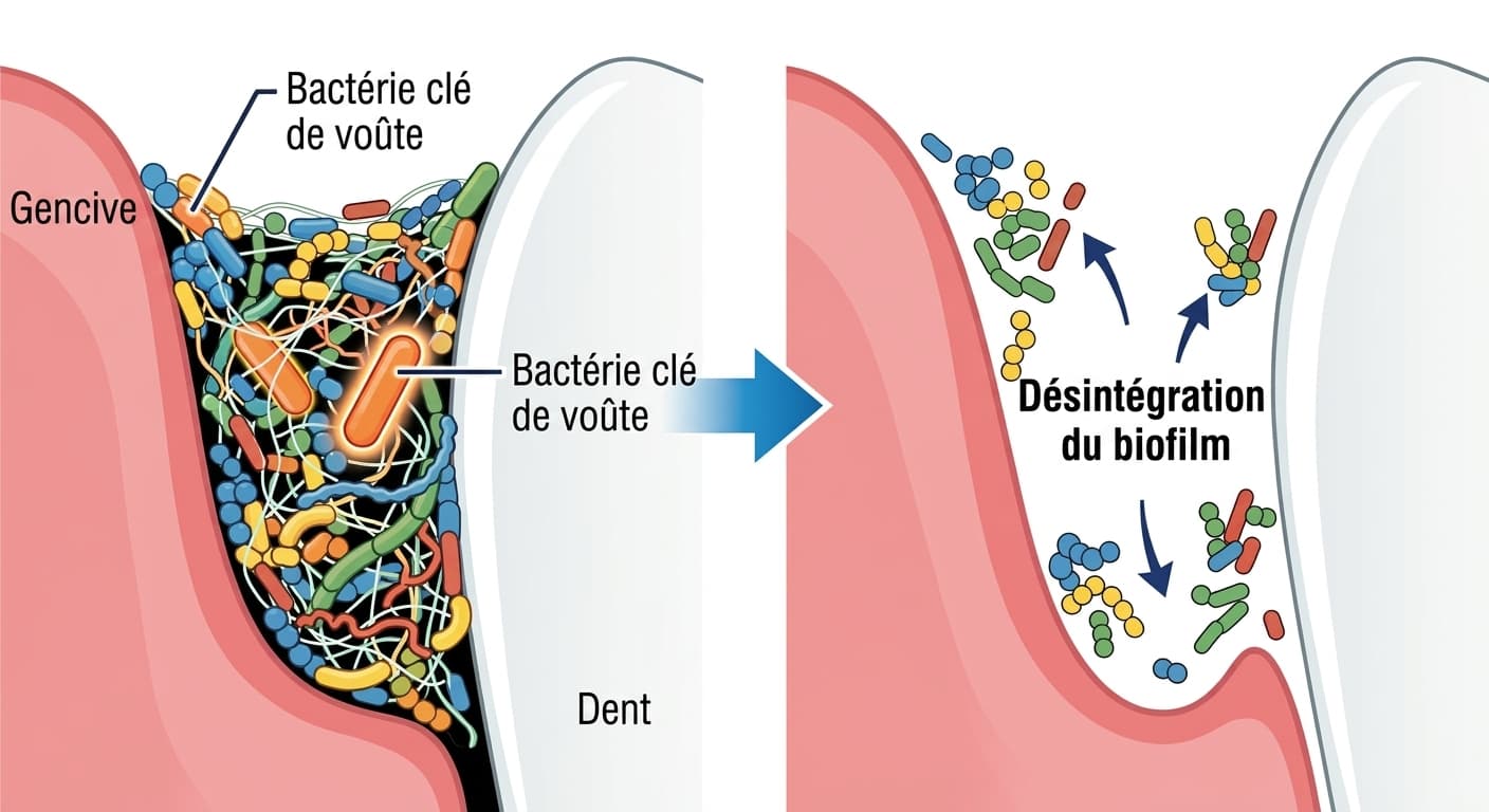 Schéma conceptuel montrant que la disparition d'une seule bactérie clé de voûte dans le biofilm de la poche gingivale entraîne la dispersion des autres bactéries et l'effondrement de tout le biofilm