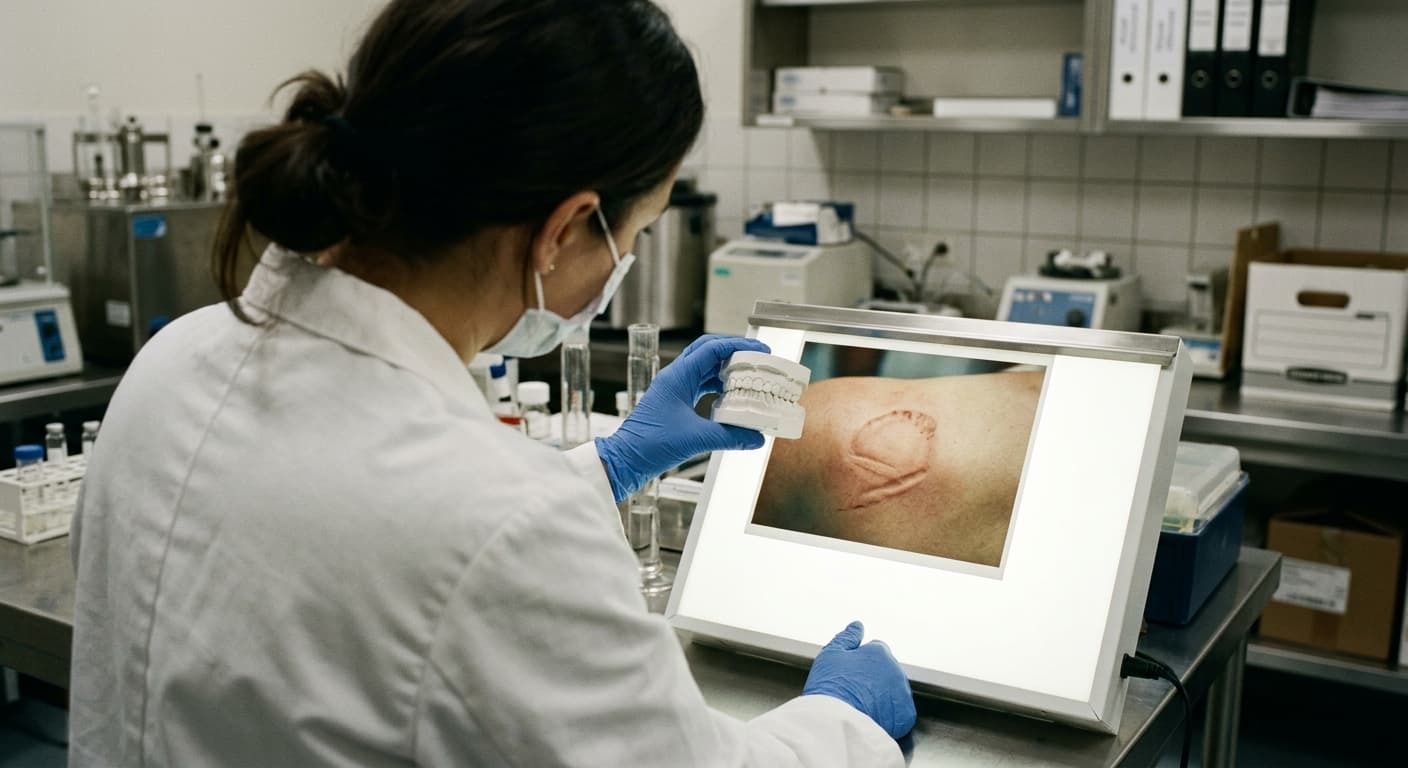 Une personne en blouse blanche tenant un moule en plâtre de dentition et le comparant à une photo de trace cutanée posée sur un négatoscope