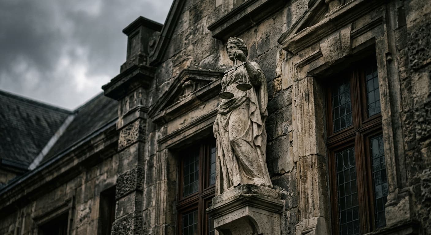Une statue tenant une balance de la justice, érigée sur la façade d'un bâtiment de tribunal sous un ciel nuageux