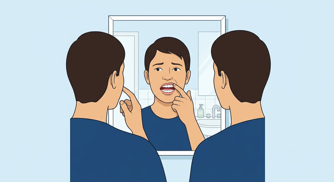 Une personne qui examine ses dents devant un miroir de salle de bain