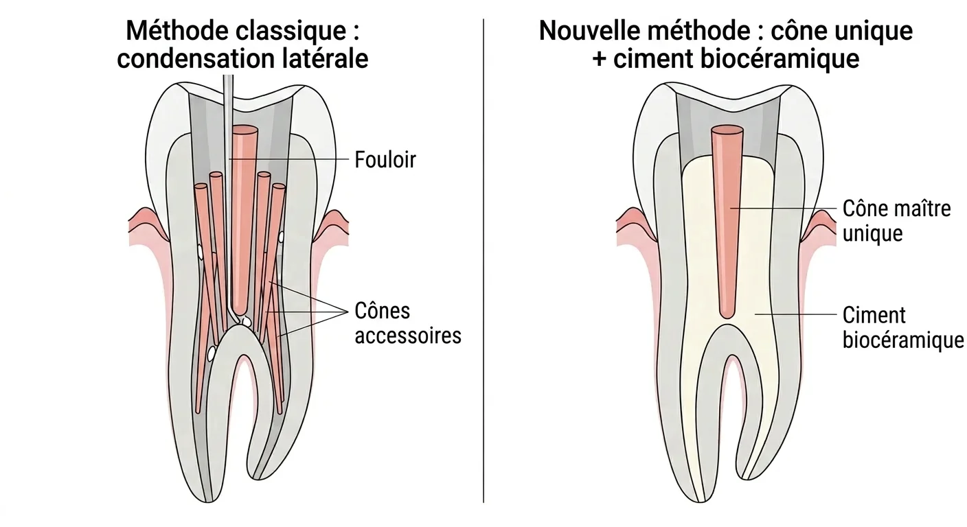 Comparaison de deux méthodes d'obturation canalaire. À gauche, la technique classique de condensation latérale, où plusieurs cônes accessoires sont compactés avec un fouloir. À droite, la nouvelle méthode, où un seul cône et un ciment biocéramique fluide comblent les espaces vides.