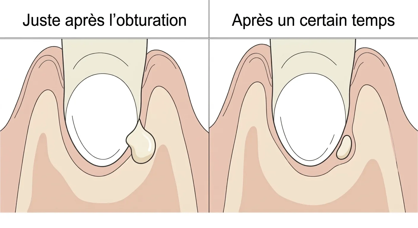 Schéma montrant la réduction progressive, au fil du temps, du ciment biocéramique extrudé au-delà de l'apex de la racine.