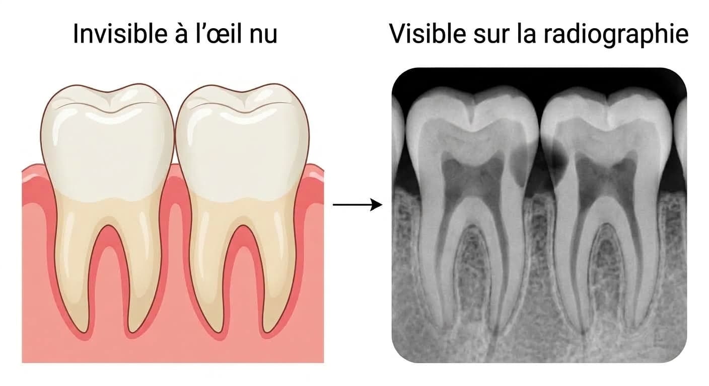 Illustration comparant une carie interproximale, invisible à l'œil nu mais apparaissant sombre sur la radiographie