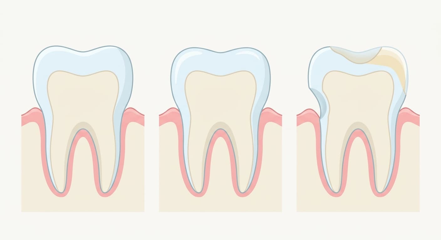 Trois dents en coupe transversale montrant l'émail passer d'un état intact à une surface lisse et amincie, puis à une dépression concave laissant apparaître la dentine