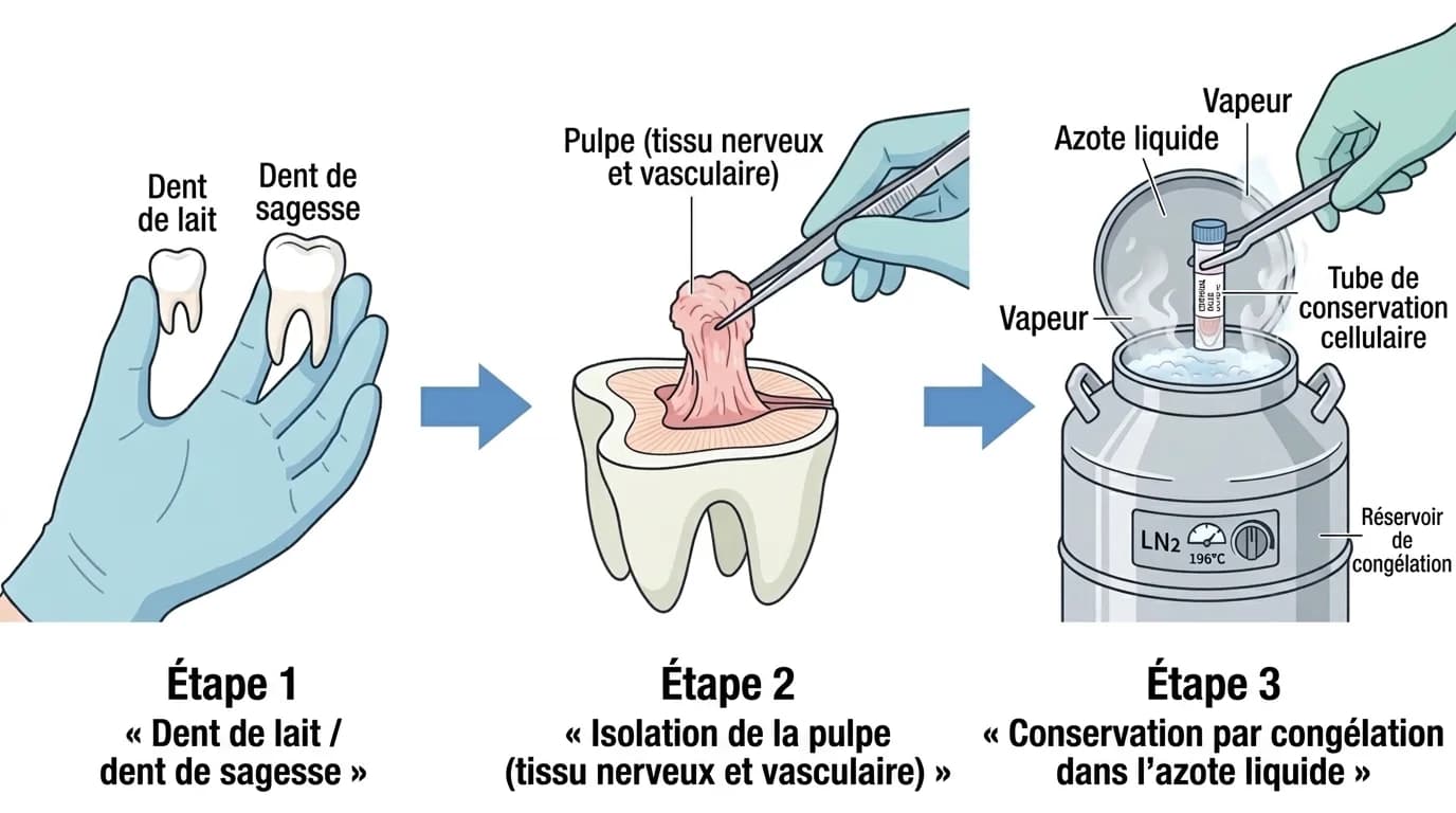 Illustration en 3 étapes : séparation du tissu pulpaire d'une dent de lait ou d'une dent de sagesse, mise en tube de conservation cellulaire, puis congélation dans un réservoir d'azote liquide