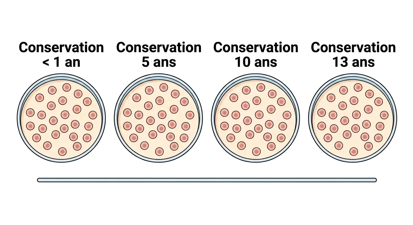 Illustration comparant côte à côte des boîtes de culture de cellules souches dentaires congelées puis décongelées après moins d'un an, 5 ans, 10 ans et 13 ans. Les quatre boîtes présentent une densité cellulaire similaire.
