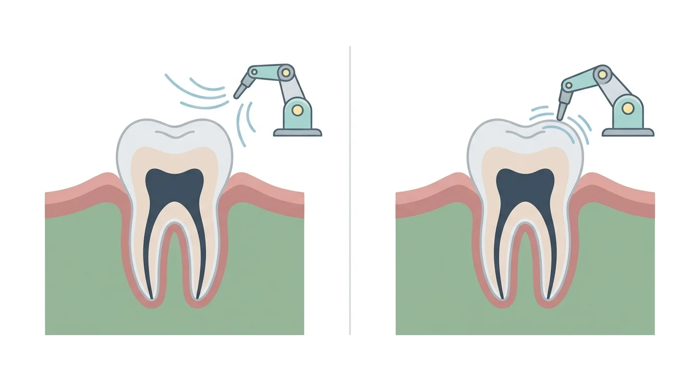 Illustration comparant côte à côte un bras robotique aspirant sans toucher la dent et un bras robotique meulant directement la surface de la dent
