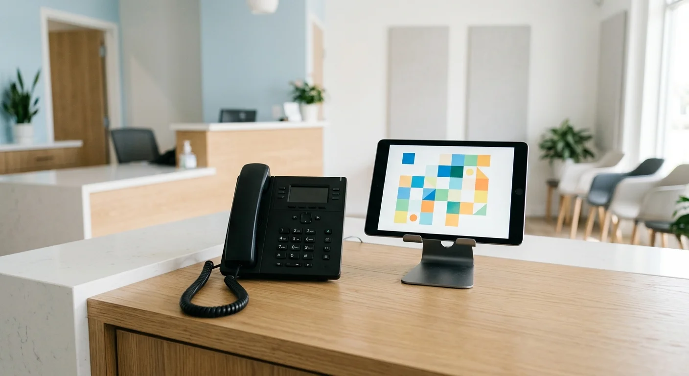 Un téléphone et une tablette affichant un calendrier de rendez-vous posés sur le comptoir d'accueil d'un cabinet dentaire