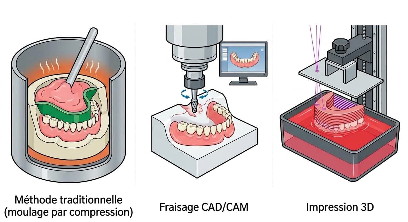 Illustration comparant côte à côte les trois méthodes de fabrication d'une prothèse dentaire : le moulage par compression traditionnel, le fraisage CAD/CAM et l'impression 3D