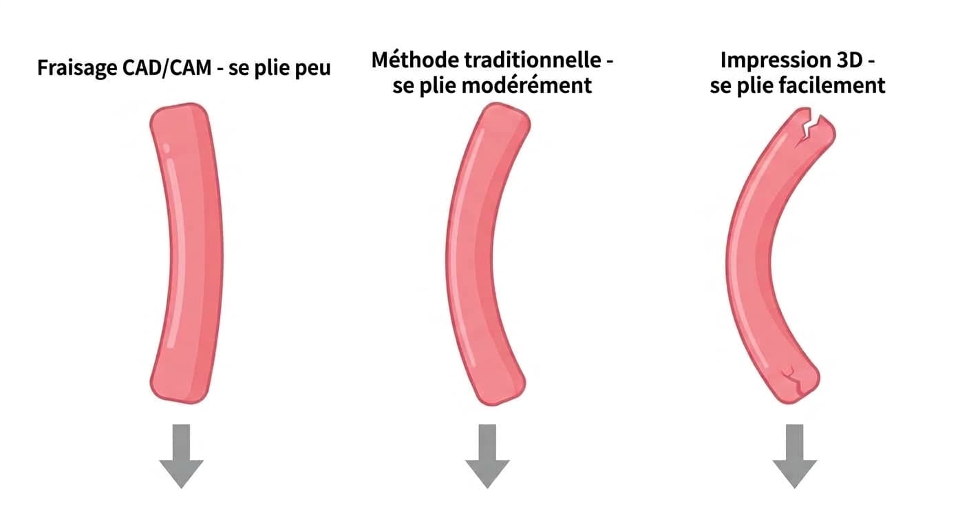Illustration comparant de façon conceptuelle le degré de flexion sous la force de mastication des prothèses fabriquées par fraisage CAD/CAM, méthode traditionnelle et impression 3D