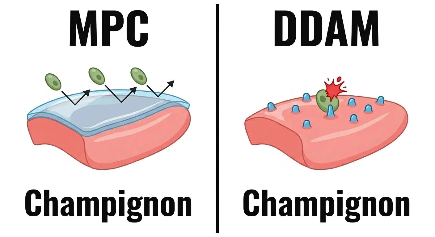 Illustration comparant le mode d'action du MPC, qui fait glisser les champignons grâce à un film d'eau, et du DDAM, qui les tue au contact