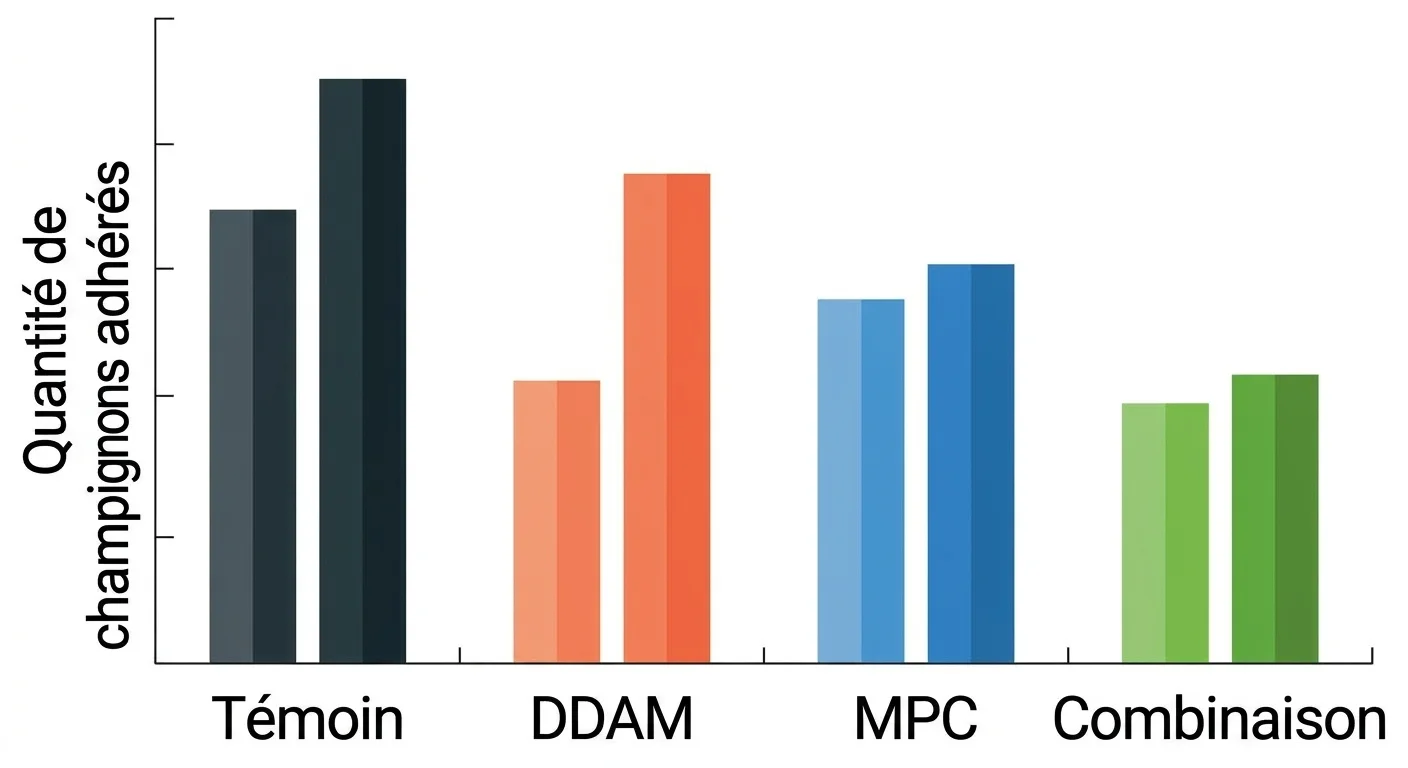 Diagramme à barres comparant la quantité de champignons adhérés avant et après vieillissement pour les quatre groupes : témoin, MPC, DDAM et combinaison