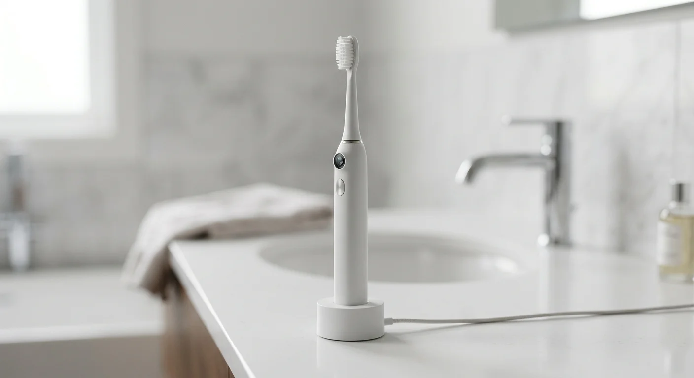 Une brosse à dents électrique blanche munie d'un objectif de caméra posée sur un socle de charge, sur le plan de toilette d'une salle de bain