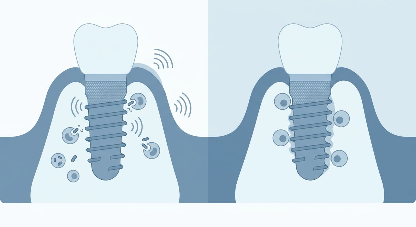 Coupe d'un implant inséré dans l'os de la mâchoire, divisée en deux : à gauche, avec un symbole d'ultrasons, une cellule immunitaire absorbe des bactéries ; à droite, une cellule immunitaire se tient près de l'os
