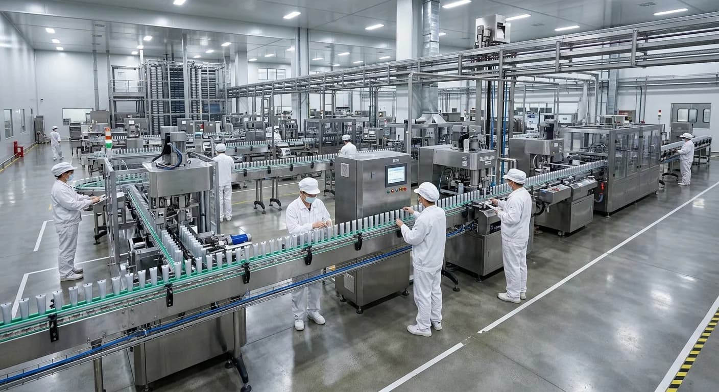 Ouvriers en combinaison blanche surveillant une chaîne de production automatisée de tubes dans une usine.